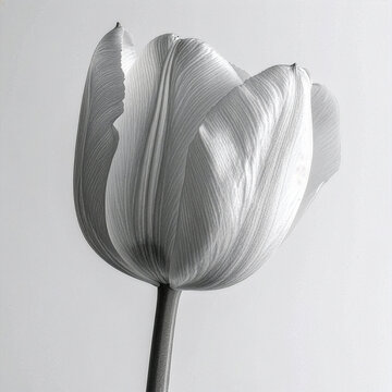チューリップ Tulip 198 Close-up of a White Tulip in High-Key Monochrome with Elegant Petal Texture（ハイキーなモノクロームで描かれた優美な花びらの質感が際立つ白チューリップのクローズアップ