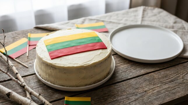 Lithuanian independence day celebration with flag cake on rustic table setting. Horizontal banner. Copy space. Cake decorated with flag of Lithuania