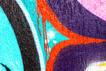 Urban graffiti wall with bright turquoise, orange, purple colors. 90s, Y2K style, grungy texture, street culture vibe. Posters, social media, digital art, creative banner, summer visuals.