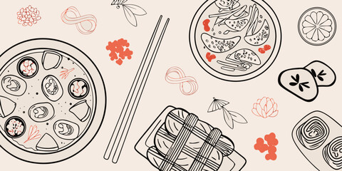 Japanese cuisine illustration featuring sushi dumplings and other dishes © Titul