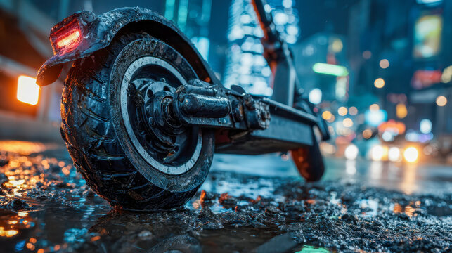 Close-up of a muddy electric scooter wheel on wet urban pavement at night with colorful city lights reflecting on puddles and blurred background traffic