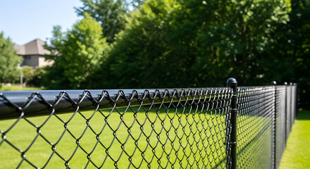 Chain link fence in outdoor setting with green grass and trees in natural daylight for security and boundary
