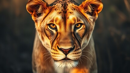 bigcat. A lioness stares intensely, her golden fur glowing under the warm savanna sunlight. wildlife magazines, conservation campaigns, designed for nature documentaries and education. 