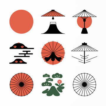 Japanese cultural icons vector set with parasol, sun, and flowers