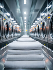 Fototapeta premium Freshly folded white towels stacked neatly on a stainless steel surface with rows of modern industrial washing machines in a brightly lit commercial laundry facility