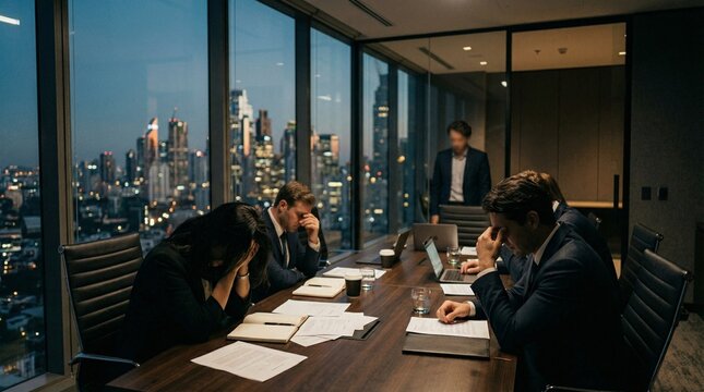 Exhausted business executives reflect on a difficult situation, holding their heads in their hands during an intense corporate meeting in the evening.