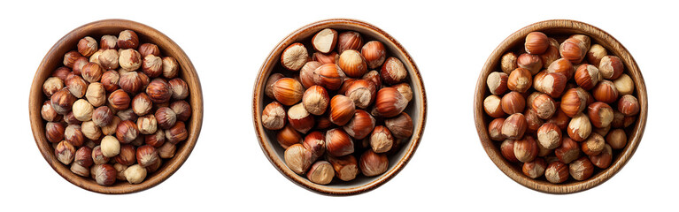 Obraz premium Three wooden bowls filled with hazelnuts isolated on a white or transparent background