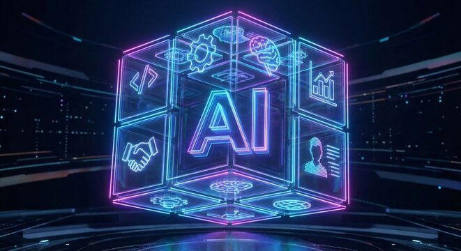Glowing neon artificial intelligence cube hologram surrounded by modern business and technology icons representing innovative digital enterprise solutions and automated cyberspace computing