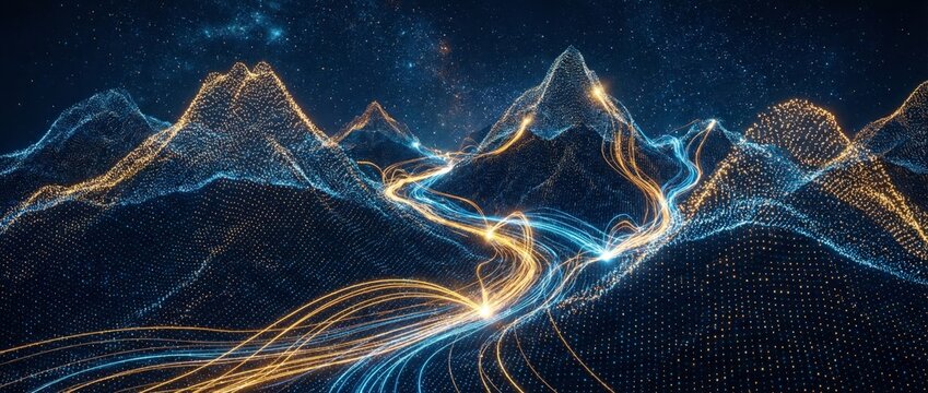 Abstract digital mountain terrain composed of glowing data points and sweeping light trails representing futuristic artificial intelligence exploration and vast cyberspace network connectivity