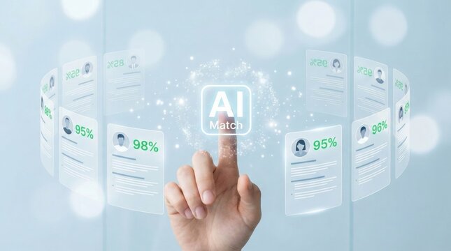 Conceptual smart recruitment interface: Hand touching a holographic artificial intelligence AI icon. Circular digital display with candidate resume data and rating panels. Ideal for human resources ma