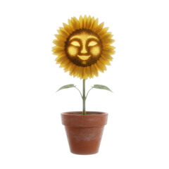 Obraz premium Smiling Sunflower with Face in Terracotta Pot