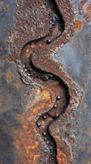 A rusted metal object with a line that looks like a snake. The line is made up of small holes and bumps