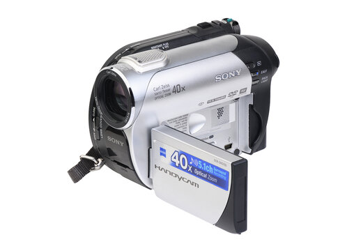 Sony Handycam DVD camcorder with 40x optical zoom isolated on white background.