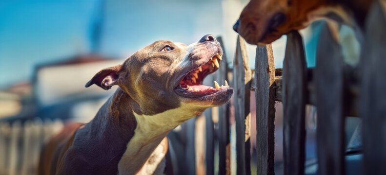 Fenceline dog confrontation over boundary, intense snarls and bared teeth facing off across wooden pickets, neighbor tension and warning signals palpable