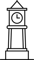 A simple line drawing of a clock tower with a triangular roof and a clock face.