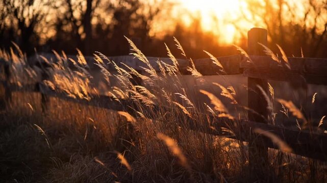 Golden Colored Grass Gently Blowing in the Wind Alongside a Rustic Wooden Split Rail Fence at Golden Hour