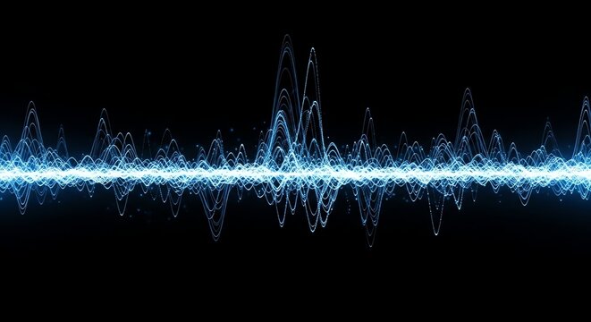 Digital waveform visualization with blue glowing sound waves on black background.