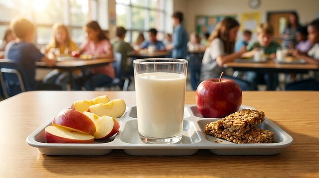 Healthy school lunch tray with glass of milk fresh apple slices whole fruit and granola bar on wooden table in cafeteria background with children eating nutritious mid day meal