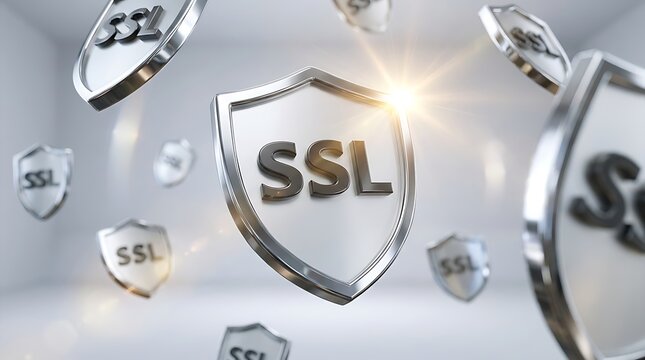 Silver shield emblems with SSL text floating and glowing with light flare effect on abstract background, internet security and data protection concept, technology