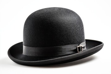 Minimalist studio shot of a classic black bowler hat against white backdrop