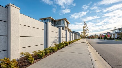 Modern concrete fencing for privacy and security along a clean concrete pavement in a neighborhood