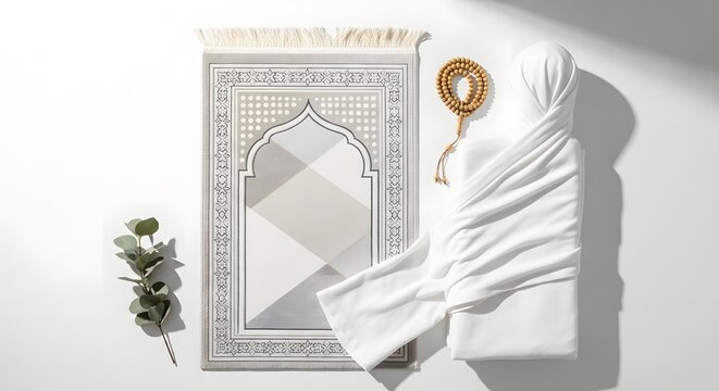 Prayer rug and prayer beads with a sprig of greenery on a white surface viewed from above