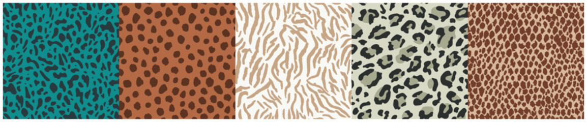 Set of seamless exotic animal skin patterns featuring cheetah spots and zebra stripes in various colors © Creative_Bull