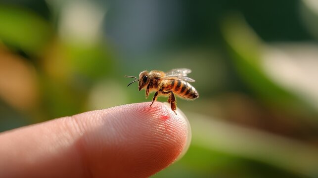 Moment of a honeybee stinging a fingertip with a soft garden backdrop