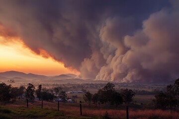 Obraz premium Moody atmospheric scene: smoke covering part of the sky above open countryside