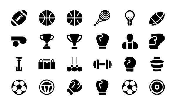 Black sports glyph icon set in clean 4x6 grid layout vector illustration, easily editable.
