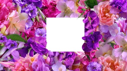 Obraz premium Colorful Floral Arrangement with Vibrant Pink, Purple, Yellow, and White Blooms Framing a Blank Space for Custom Text