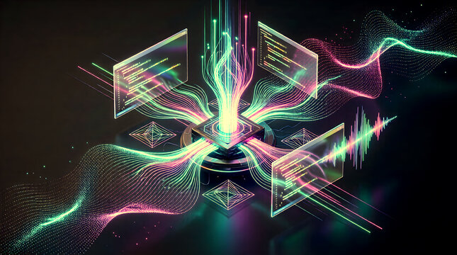Vibrant isometric 3D illustration of a generative AI core creating art
