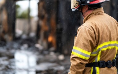 Fototapeta premium Firefighter Standing Before Burnt Structure in Ashes