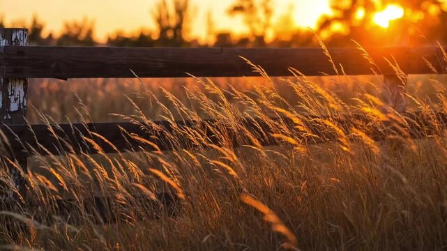 Golden Colored Grass Gently Blowing in the Wind Alongside Rustic Wooden Split Rail Fence at Golden Hour