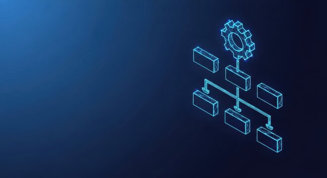 Abstract isometric flowchart with glowing blue lines and a cogwheel symbolizing a complex technological process or system