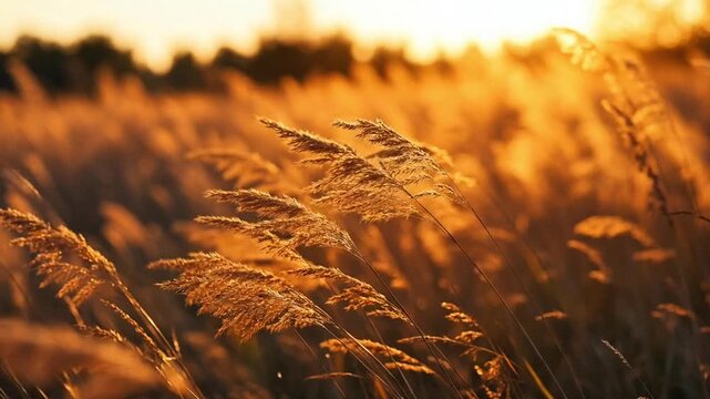 golden wheat field blowing in the wind at sunset