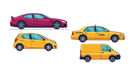 Fototapeta premium Illustrated collection of various cars in diverse colors on white background