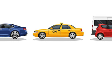 Fototapeta premium Illustrated vehicles blue sedan yellow taxi and red hatchback against white