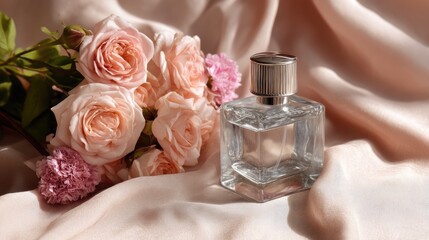 Elegant Glass Perfume Bottle Next to Fresh Pink Roses on Soft Silk Fabric Background
