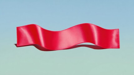 Obraz premium Wavy Red Ribbon Floating over Blue Gradient Background with Copy Space, Minimalist Fabric Banner for Social Media Graphic Design and Marketing Promotions