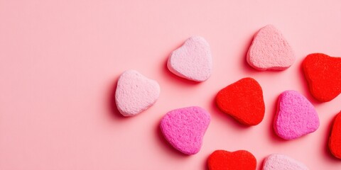 Obraz premium Pink and red heart candies flat lay on a soft peach background with copy space for Valentines Day marketing, social media banners, and romantic greeting templates
