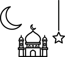 Mosque icon with crescent moon and hanging star represents Islamic holiday celebration graphics.