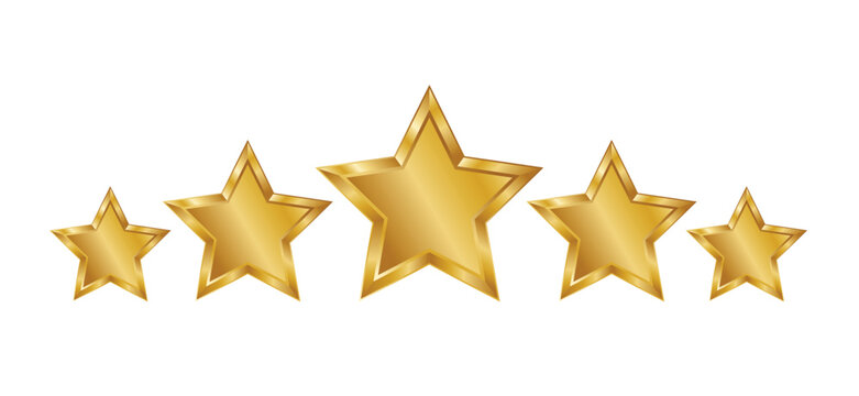 Five gold stars rating symbol with shiny metallic gradient and beveled edges, isolated on white background. Perfect for reviews, ranking, quality evaluation, and customer satisfaction concepts.