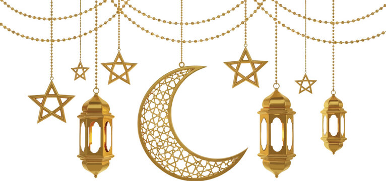 Golden crescent moon and hanging lanterns adorn festive decorative chains against a pure white background for holiday celebration.