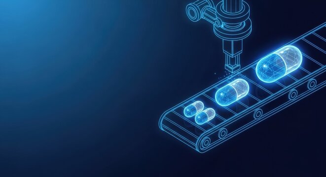 Automated pharmaceutical manufacturing line with robotic arm and glowing capsules on a conveyor belt