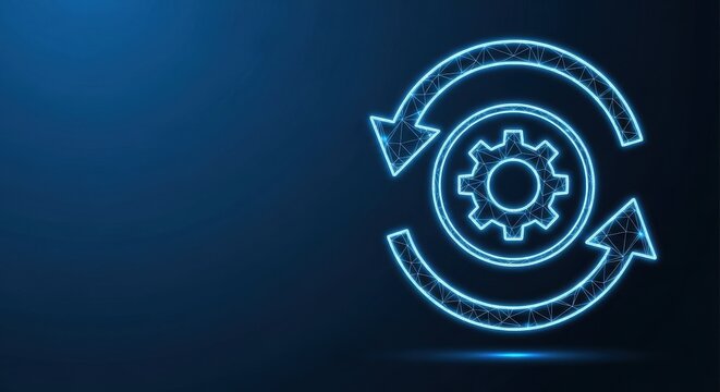 Circular automation workflow with glowing neon gear icon and process cycle arrows on abstract dark background