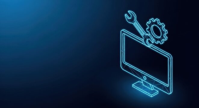 Computer repair service icon with glowing neon wrench and gear against a dark blue digital background, representing technical support and system maintenance