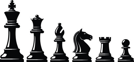 Chess pieces silhouettes including king, queen, bishop, knight, rook, pawn, strategy illustration artwork - flavector © Jomila