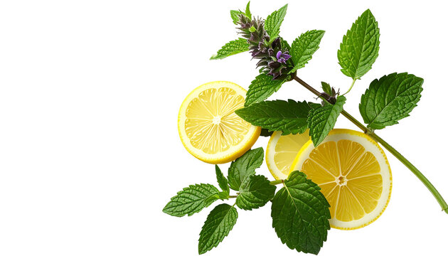Fresh lemon slices and sprigs of blooming mint with transparent background; perfect for adding a touch of natural refreshment to designs.