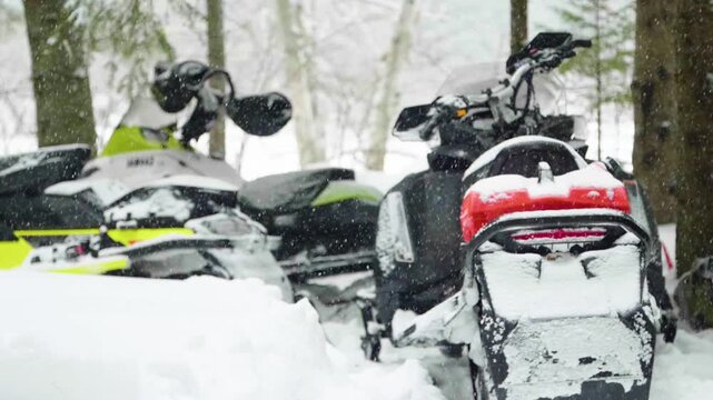 Close up shot of snowmobiles parked near trees in the canadian wilderness.